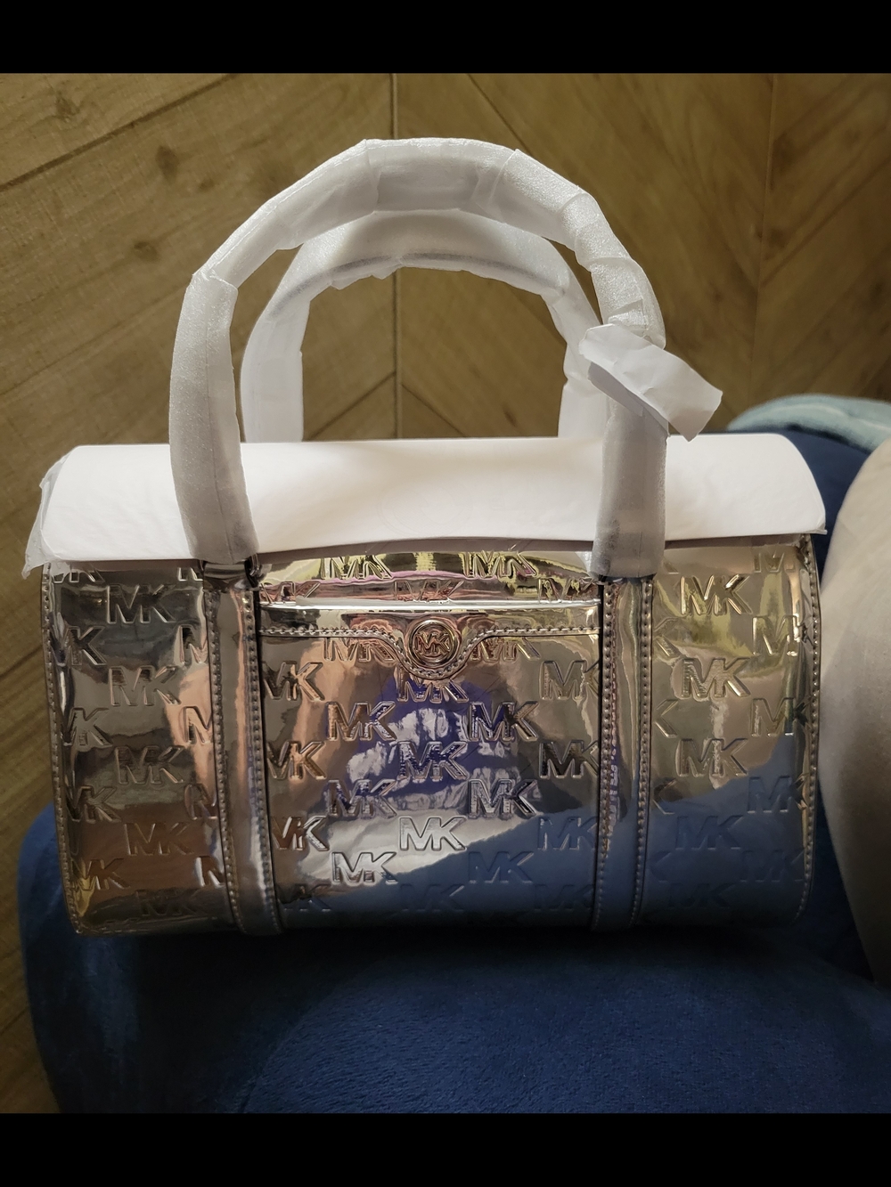Michael Kors Jet Set Metallic Silver Patent Logo Debossed Duffle Crossbody Bag